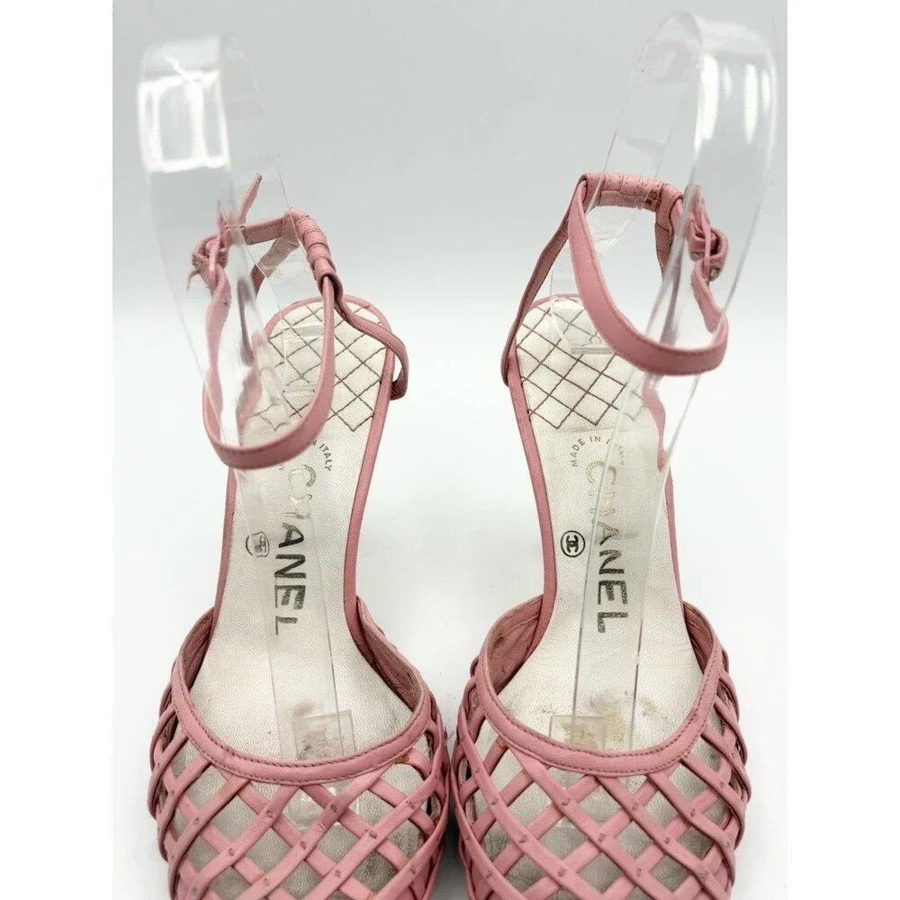 Chanel Pink Basketweave Leather CC Logo Ankle Strap Heels D'Orsay Sz EU 35.5 - Picture 7 of 12